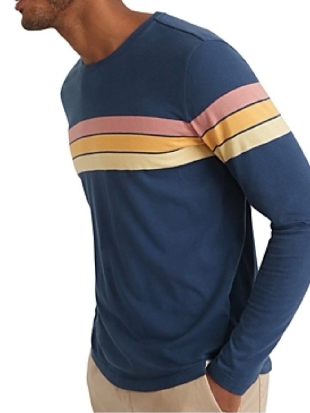 Marine Layer men’s Navy Long-Sleeve Crew - Pink and Yellow Stripes, Size Medium